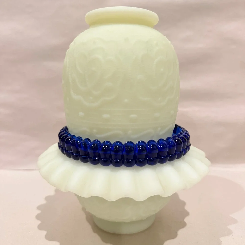 Fenton Persian Medallion Custard Glass Fairy Lamp 3-Pc UV Uranium Blue Insert